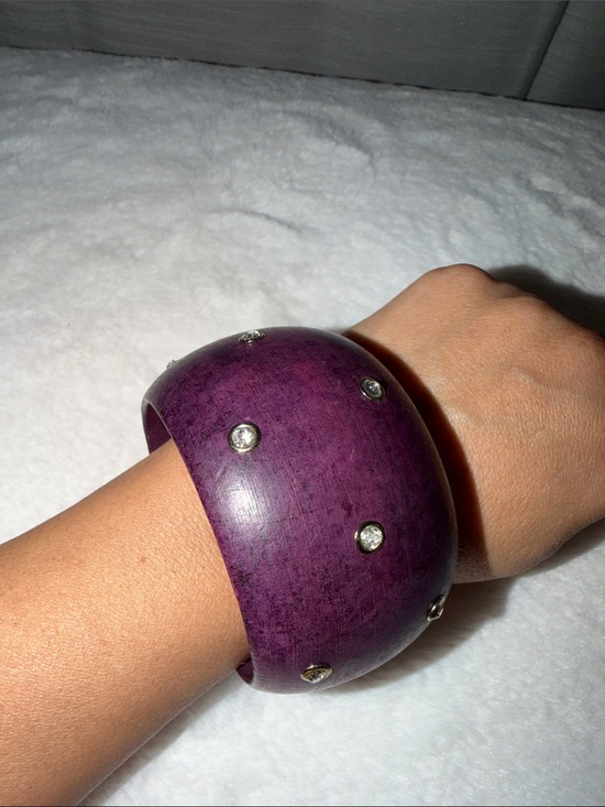 Jewelry - Purple Wide Dome Wooden Bangle Bracelet with Crystal Accents